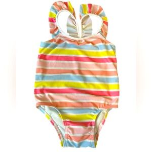 2 for $10 ⭐️ Gap striped baby girl one piece swimsuit Ruffle pink yellow stripes